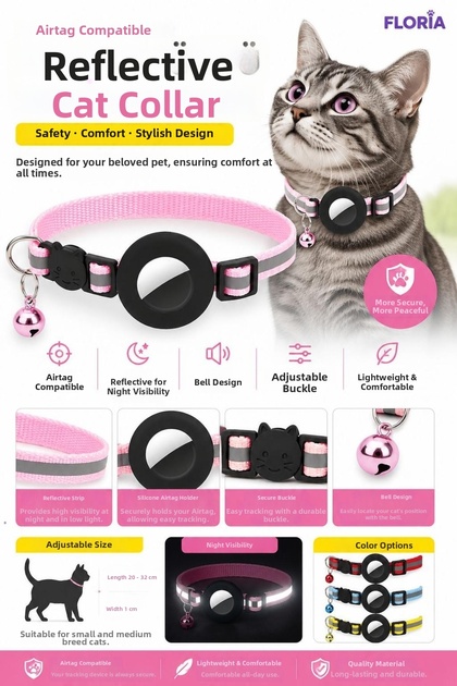 Reflective Airtag Cat Collar - Safety Buckle Collar with Bell