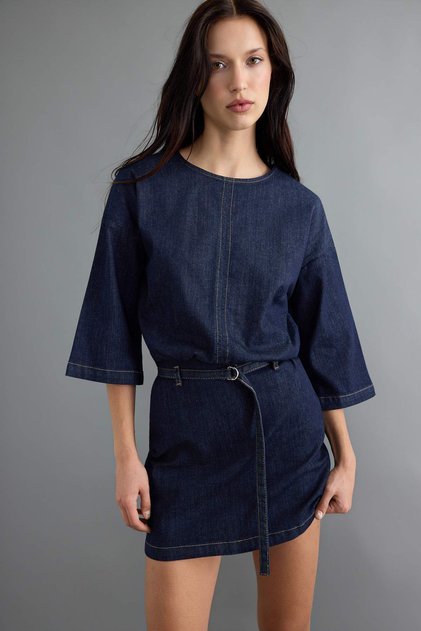 Koyu Mavi Kemer Detaylı Mini Denim Elbise TWOAW27EL00062