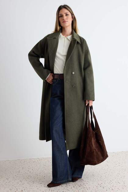 Khaki Oversized Wide Cut Long Wool Melton Coat TWOAW21KB0038