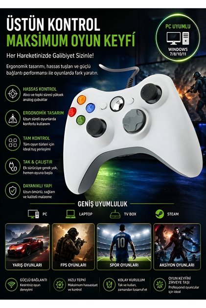 Xbox 360 Uyumlu Kol Kablolu Joystick Gamepad Kablolu Oyun Kolu