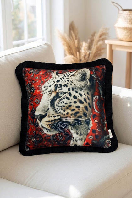White Leopard Pattern Decorative 43X43Cm Square Throw Pillow Cover with Black Tassels