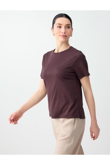 Brown Short Sleeve Crew Neck Modal Knitted T-Shirt