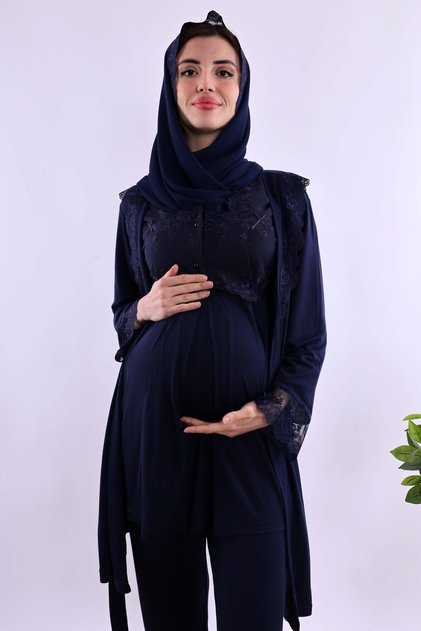 Effortt Maternity Pajama Set with Hijab and Comfortable Cut Dressing Gown - Navy Blue
