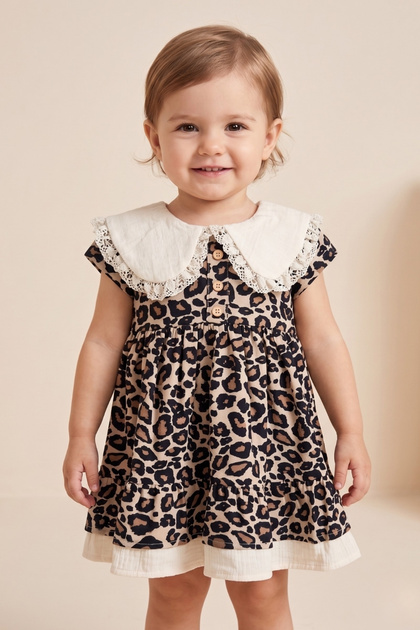 Leopard Patterned Collar Detailed Baby Girl Dress