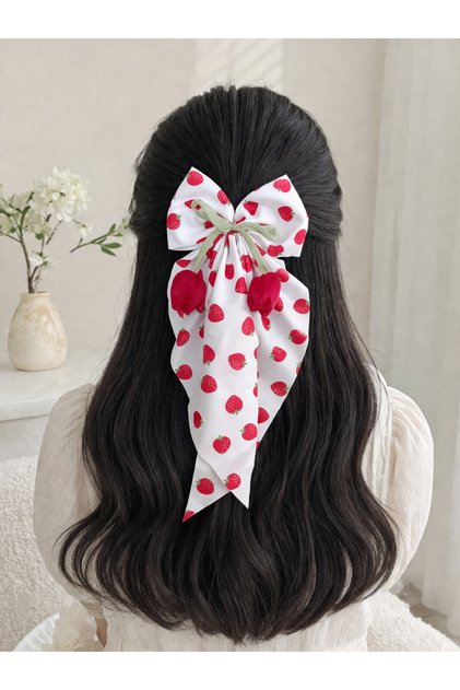 Tulip Figured Satin Bow Automatic Clip Strawberry Patterned Large Size Hair Clip Summer Stylish Accessory