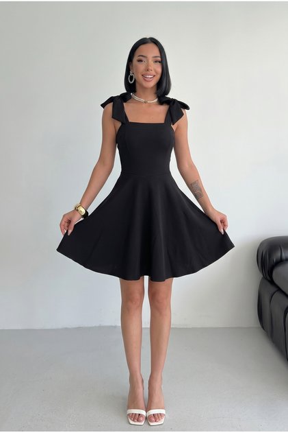 Women's Stripe Detail Strapless Neckline Tie-Up Strap Design Black Black Flared Mini Evening Dress