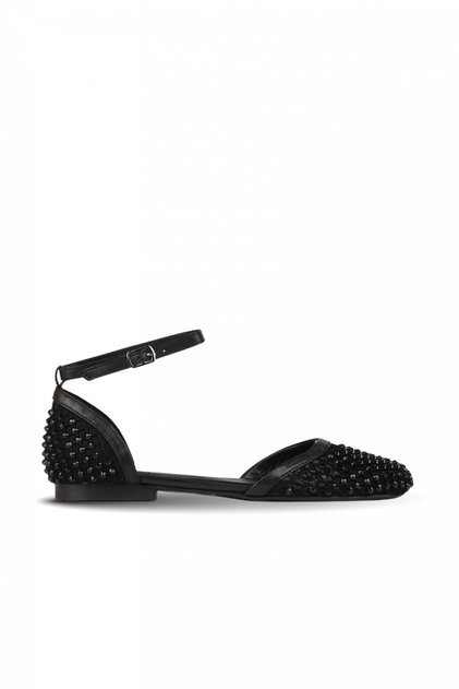 Shoes Black Stone Leather Women's Sandals Flat with Stone Detail 39Wa4401