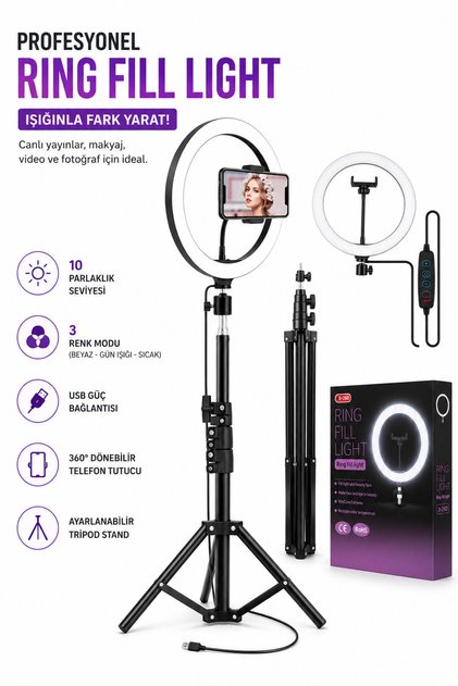 Ring Light Youtuber Tiktok Çekim Tripod Işıklı Telefon Tutucu Makyaj Işığı 10 Inç 2.1 Mt Tripod