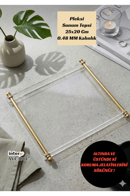 Plexi Tray Decorative Organizer Presentation Coffee Tray Unbreakable Thick Matte Gold Metal Handle 25X20 cm