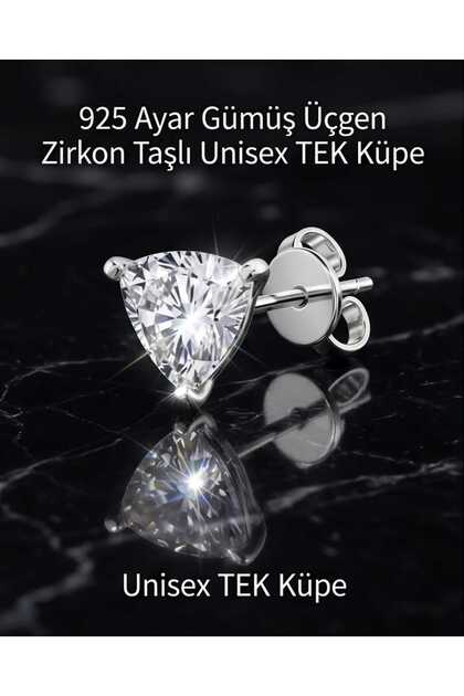 925 Ayar Gümüş Tek Taş Küpe Üçgen Zirkon Antialerjik Unisex Tek Küpe Erkek Kadın 1 Adet