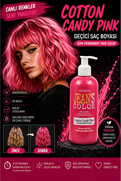 Amonyaksız Renkli Saç Boyası Pamuk Şekeri Pembe 250ml. Kokusuz Su Bazlı Cotton Candy Pınk Hair Dye