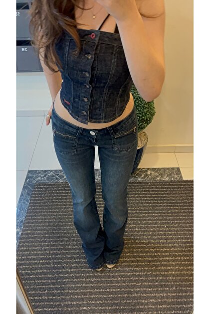 Messy Girls Vintage Kadın Crop Top Korse Lacivert Önü Düğmeli