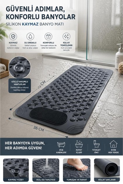 Silicone Massage Bath Mat Bathroom Anti-Slip Shower Cabin Bathtub Mat with Suction Cups 36X69.5Cm