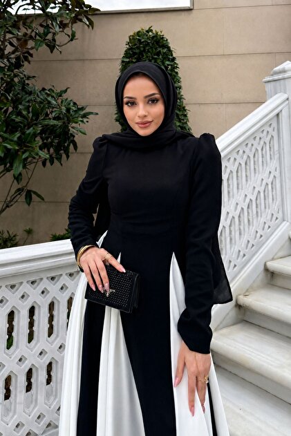 dinner dress black and white for muslimah Luxury Black Short Muslim Evening Dress Long Sleeve SS212