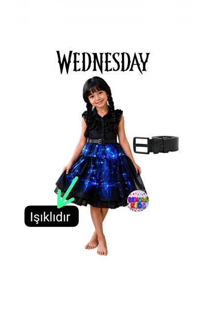 wednesday ışıklı tek elbise kostüm + kemer doğum günü parti davet düğün cadılar bayramı hallowen parti