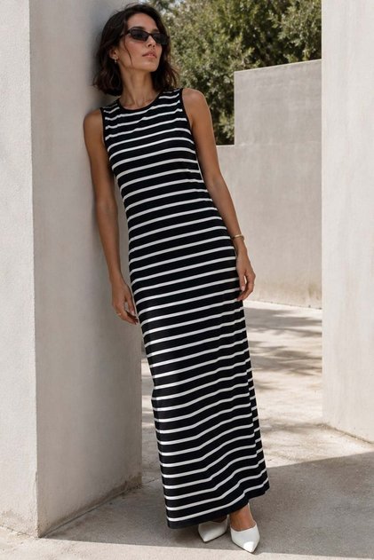 Navy Blue Crew Neck Striped Casual Dress Mg2803