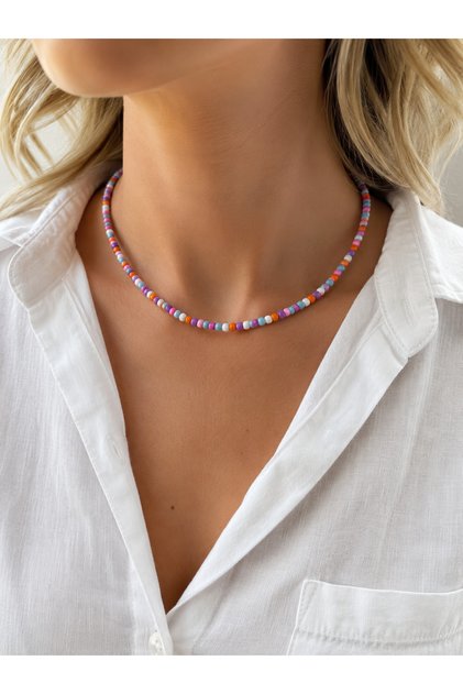 Colorful Glass Bead Necklace | Colorful Mix Women's Necklace | Summer Necklace