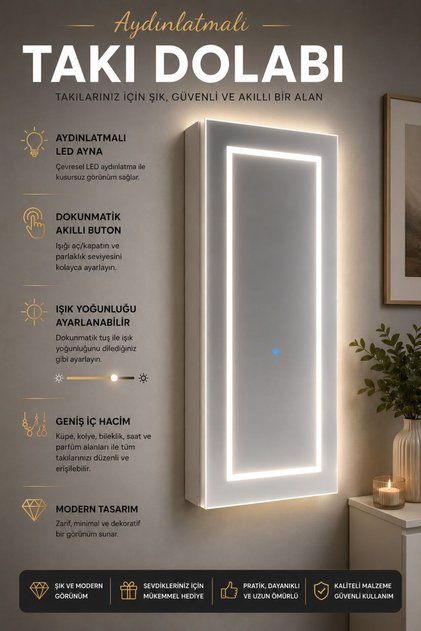 Paris Led Aydınlatmalı Boy Aynalı Takı Dolabı Sarı Işık