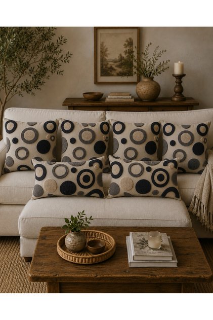 Anthracite and Beige Geometric Round Patterned Punch Embroidery Look Digital Printed Bohemian Style Set of 6 Throw Pillow Covers