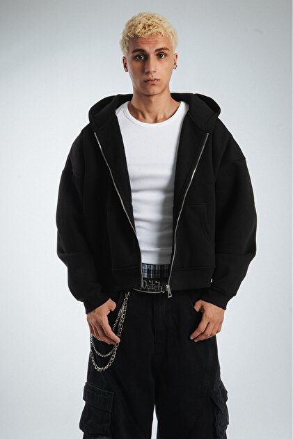 Crupt Studio Siyah Boxy Crop Erkek Ceket Zip Hoodie - Fiyatı