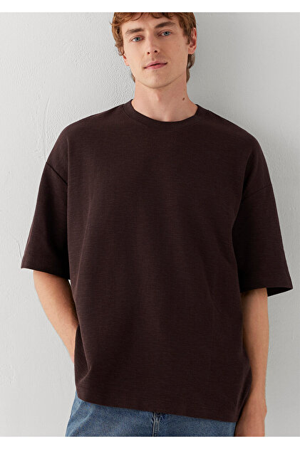 Mavi Dokulu Kahverengi Basic Tişört Oversize / Geniş Kesim 0613665