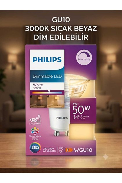 4-50w 3000K Sarı Işık 345 Lümen Gu10 Dim Edilebilir Led Ampul