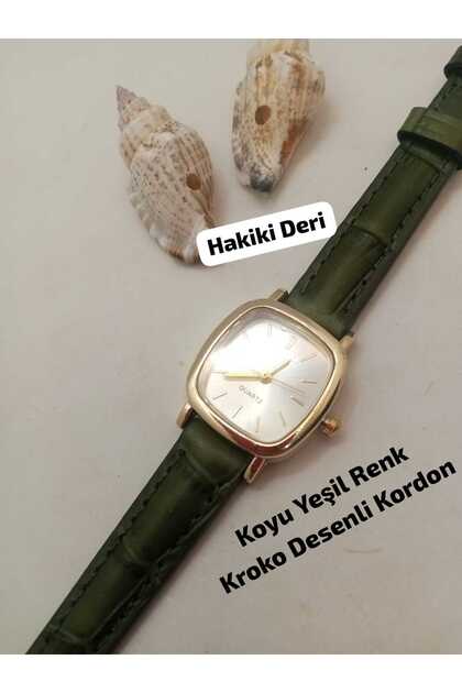 Vintage Design Women's Wristwatch, (Genuine Leather) Dark Green Color Crocodile Patterned Strap, Gold Color Case, White Color Dial