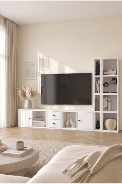 Eva Raflı Kitaplıklı İki Çekmeceli İki Kapaklı Beyaz Televizyon Ünitesi HVV-TVT-1001