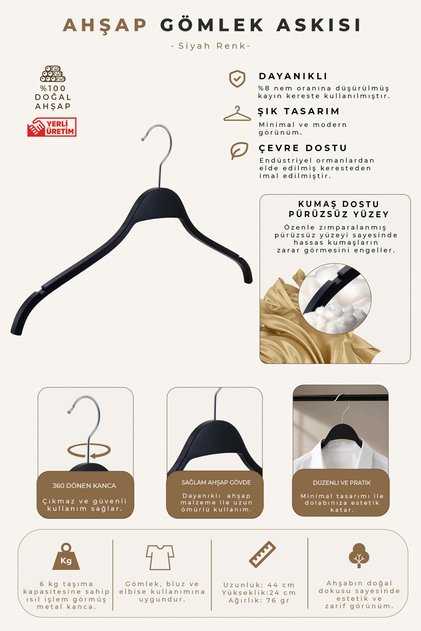 Wooden 8061-Ç Clothes, Blouses, Shirts Hanger Black Color 6 Pieces