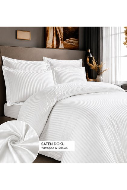 Double Size Hotel Type 83 Thread Cotton Satin White Duvet Cover Set with Elastic