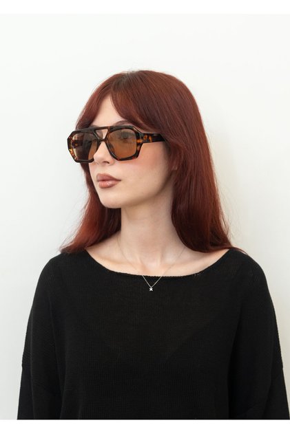Unisex Dikdörtgen Güneş Gözlüğü Leopar Desenli Çerçeve Kahverengi Cam UV Korumalı Gibson C2