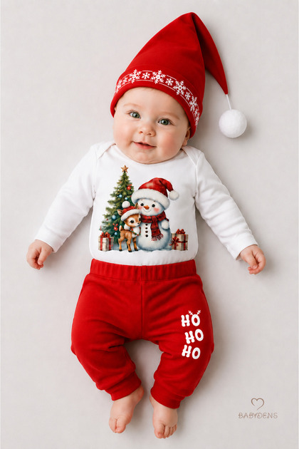 Bebek Yılbaşı Noel Kıyafeti 3’lü Takımı Snowman Baskılı Body,Kırmızı Pantolon,Noel Şapkası