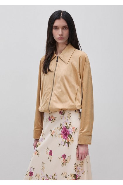 Women's Brown Hem Gathered Raglan Sleeve Oversize Short Jacket