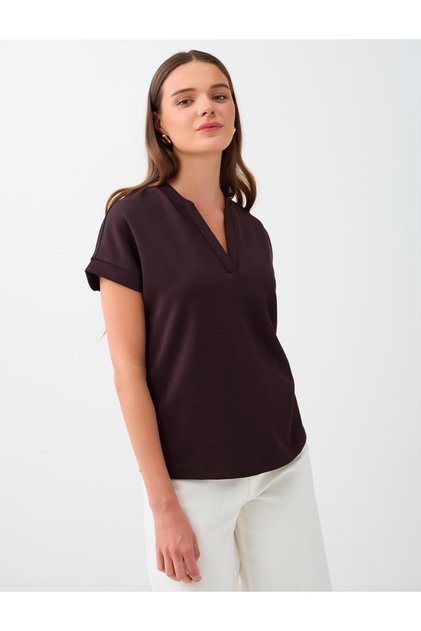 Bitter Brown V-Neck Off-Shoulder Short Sleeve Sweatshirt