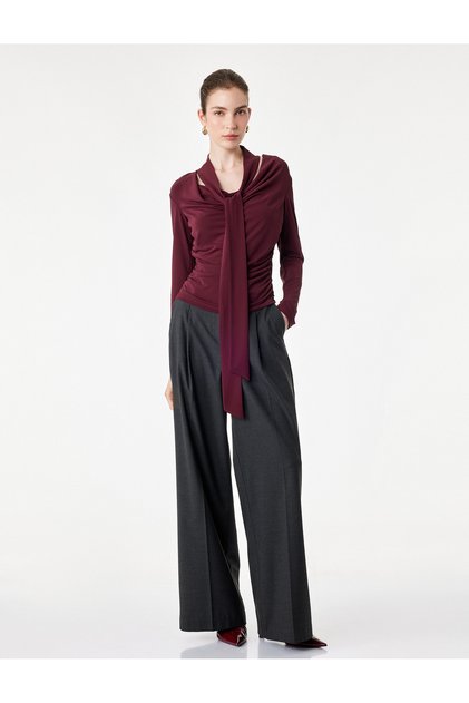 Slim Fit Long Sleeve Shawl Draped Draped Collar Blouse
