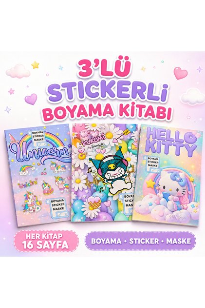 3'lü (Kuromi -Hello Kity - Unicorn) Stickerlı Boyama Kitabı - Her Kitap Boyanabilir 16 Sayfa