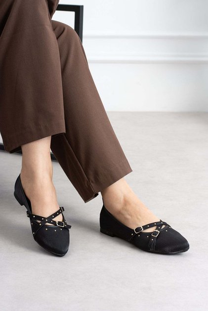 Avsa Women's Ballerina Flats with Cross Straps and Pins in Black Satin