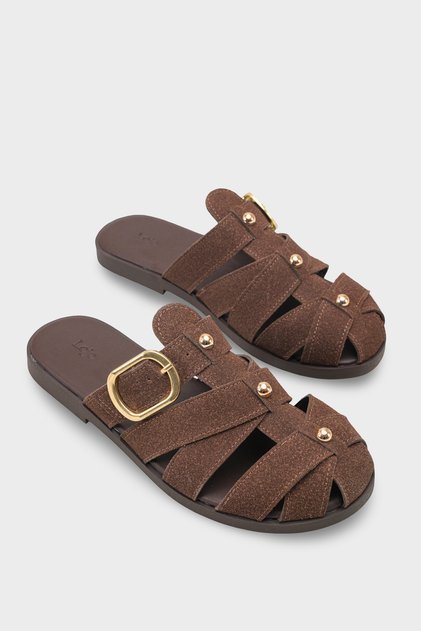 Women's Closed-Front Buckle Casual Olive Suede Slippers Vipriy Brown Suede