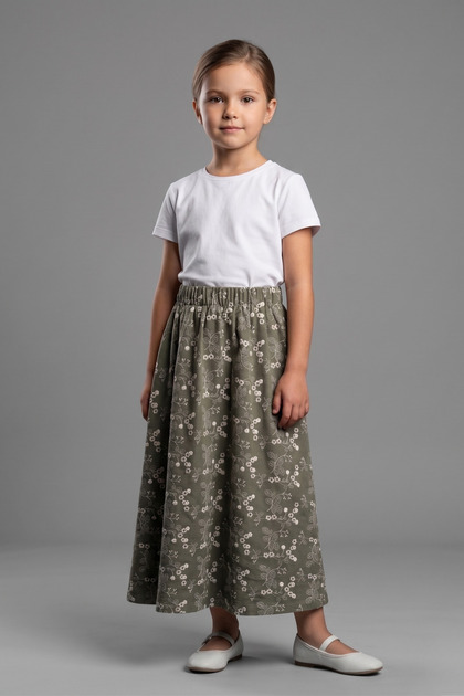 Girl's Full Length Hijab Skirt, Embroidered Cotton Skirt with Elastic Waist, Ages 7-14