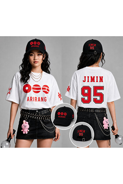 barsdepo BTS JIMIN Baskılı Tişört Şapka Hediyeli , Oversize Unisex