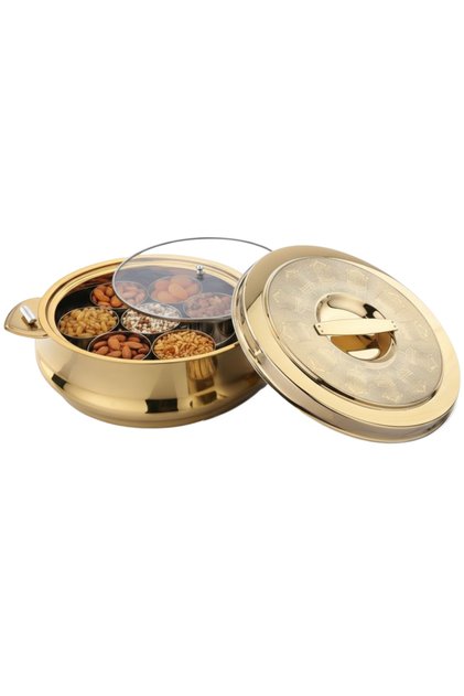 Dryfruit Stainless Steel Hotpot with 7 Compartments & Glass Lid Gold- 32Cm