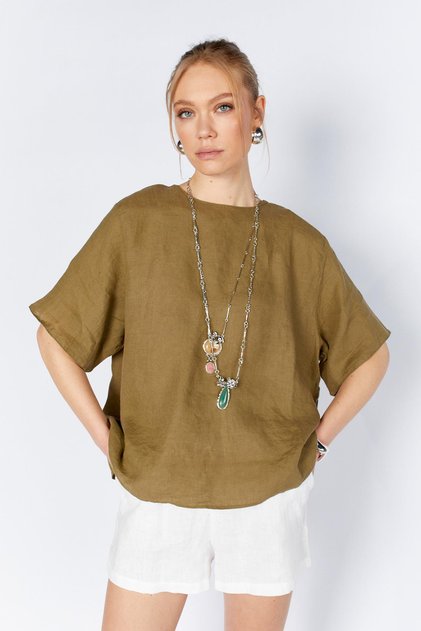 Women's Khaki Crew Neck Linen Shirt with Tie Detail on the Back