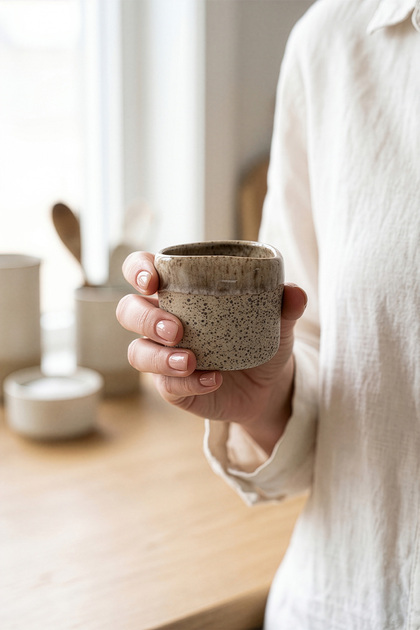 Koza Home Must Beige/White Stoneware Handmade Mug & Turkish Coffee