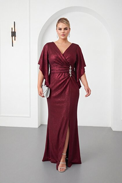 Lafaba Women's Burgundy Double-Breasted Collar Stone Detail Plus Size Long Evening Dress- Trendyol Lafaba Women's Burgundy Double-Breasted Collar Stone Detail Plus Size Long Evening Dress- Trendyol