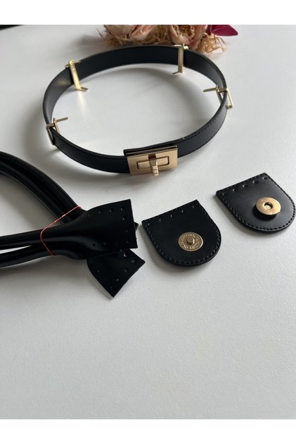Leather Magnet Artificial Leather Set with Belt and Pelican Handle for Knitted Bags, Black Color