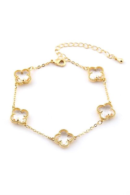 Steel Gold White Transparent Stone Clover Bracelet