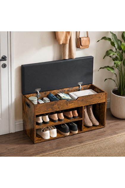 Pantofar cu Bancă și Spațiu de Depozitare Marbella, 80 x 30 x 44 cm, Șezut Tapițat, Design Rustic Industrial, Maro