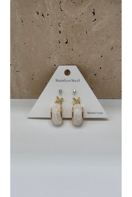 Steel White Stone Detailed Combination Earring Set - Gold