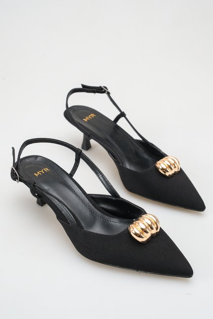 Women's Buckle Detailed Heeled Shoes Black Satin
