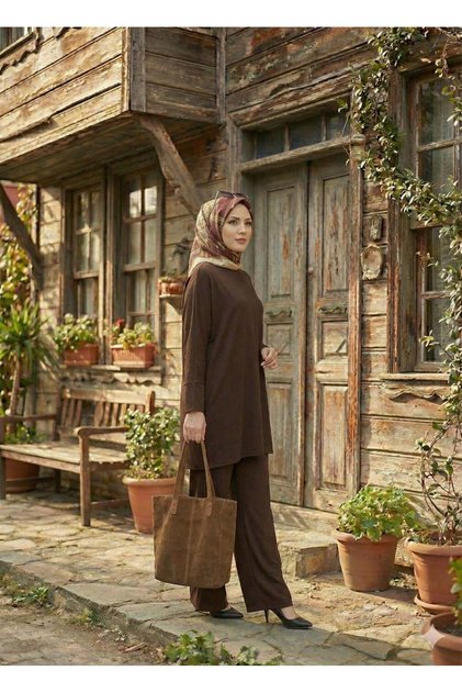 Kalena Bol Paça Pantolonlu İkili Kahverengi Takım